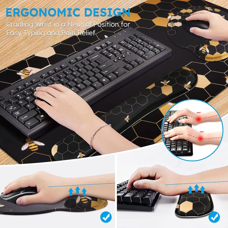 iCasso Desk Mat, Gaming Mouse Pad Wrist Support Set,4in1 XXL Large Mousepad + Keyboard Wrist Rest+Mouse Wrist Rest+Coaster Set with Ergonomic Design for Home Office Table Computer-Honeycomb - Image 3